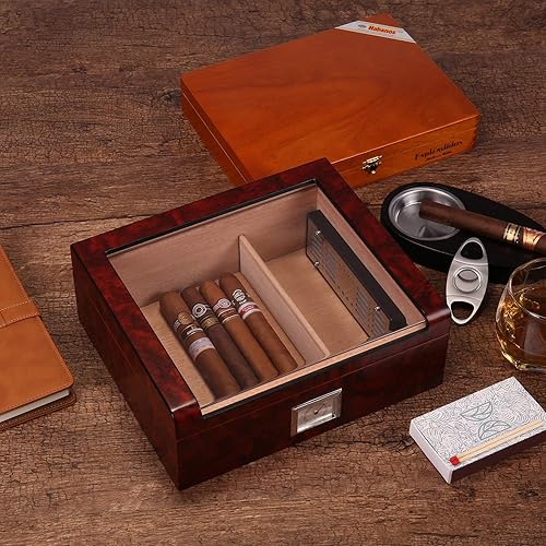 Miniatura 7 de Woodronic Humidor de cigarros con higrómetro, humidificador, forro de cedro español y divisor, caja de cigarros superior de vidrio hecha a mano para