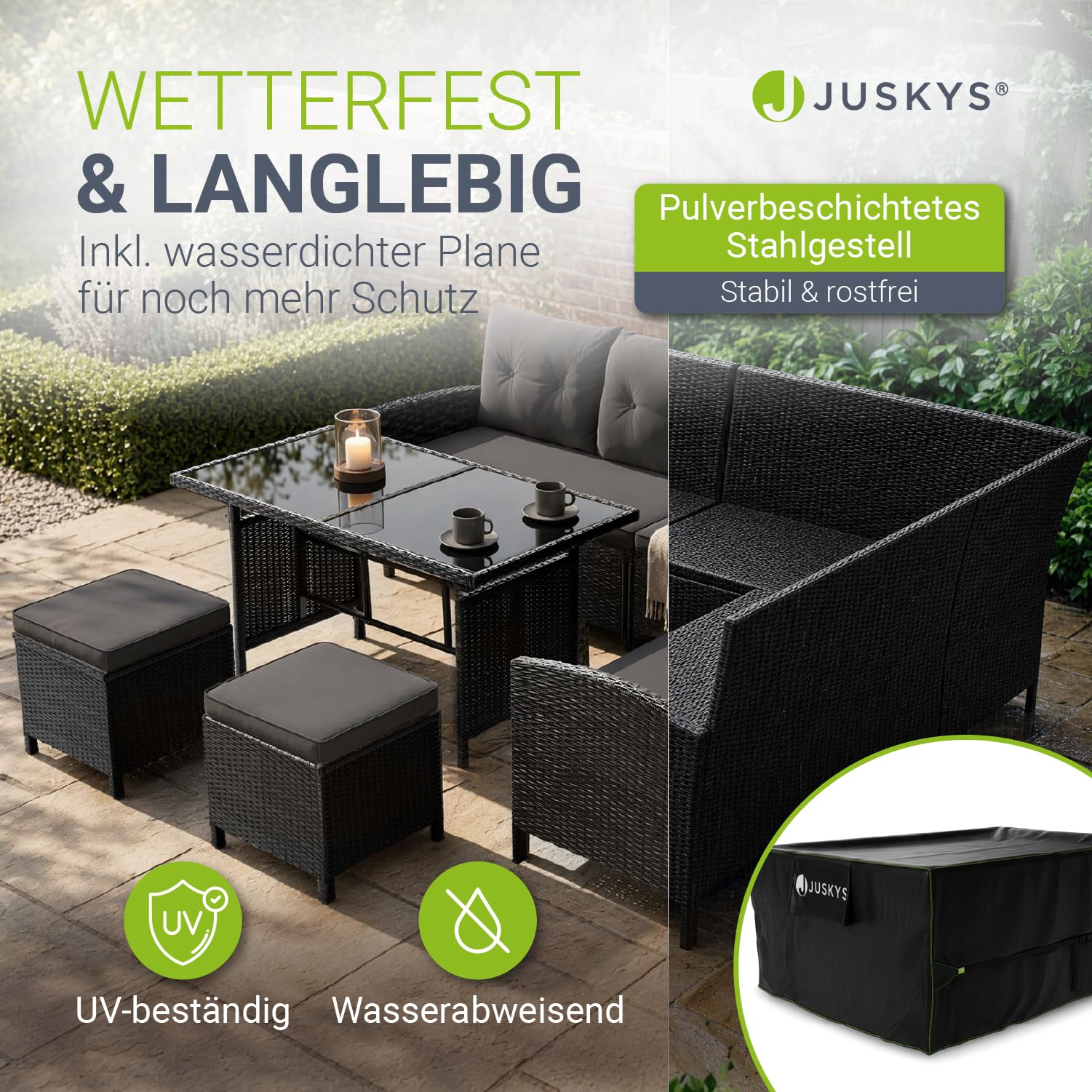 Juskys® Polyrattan Lounge Manacor mit Ecksofa, Esstisch, 2 Hocker & Kissen inkl. Abdeckung - wetterfest bis 7 Personen - Bezüge waschbar - Rattan Garten Sitzgruppe Gartenmöbel Set - Schwarz/Grau