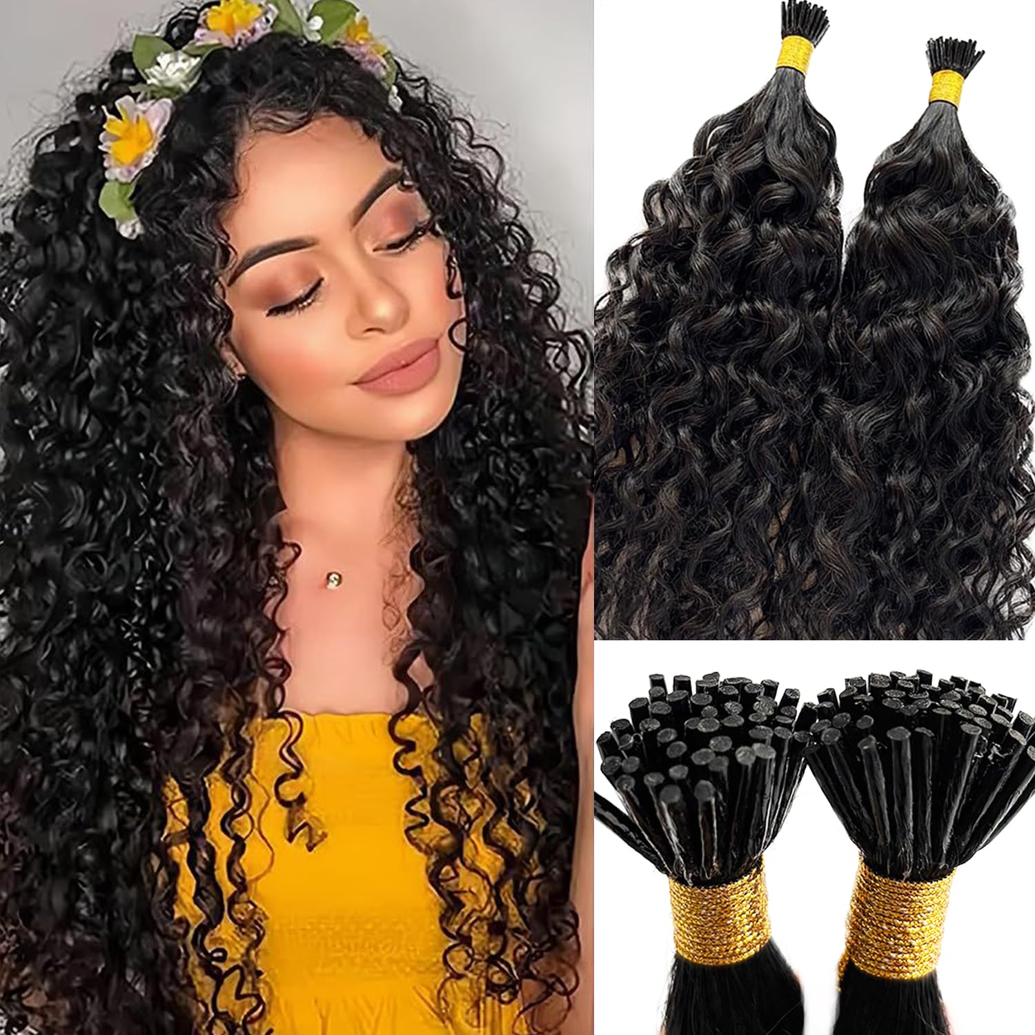 Wavy Pre Bonded Keratin Stick Tipped Hair Extensions Natural Black I Tip Human Hair Microlink Beads Extension 24 Inch Water Wave Microlinks Hair Bundles for Women 50g 50strands