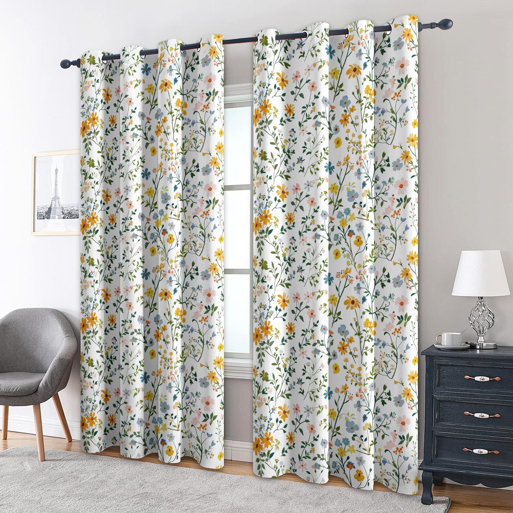 Générique Rideau Occultant Fleurs Sauvages, Lot de 2 Rideaux Occultant Thermique Isolant à Oeillets, Motif Ferme Floral Botanique, Decoration Chambre Salon Fenetre, 140 L x 180 H Rc4282