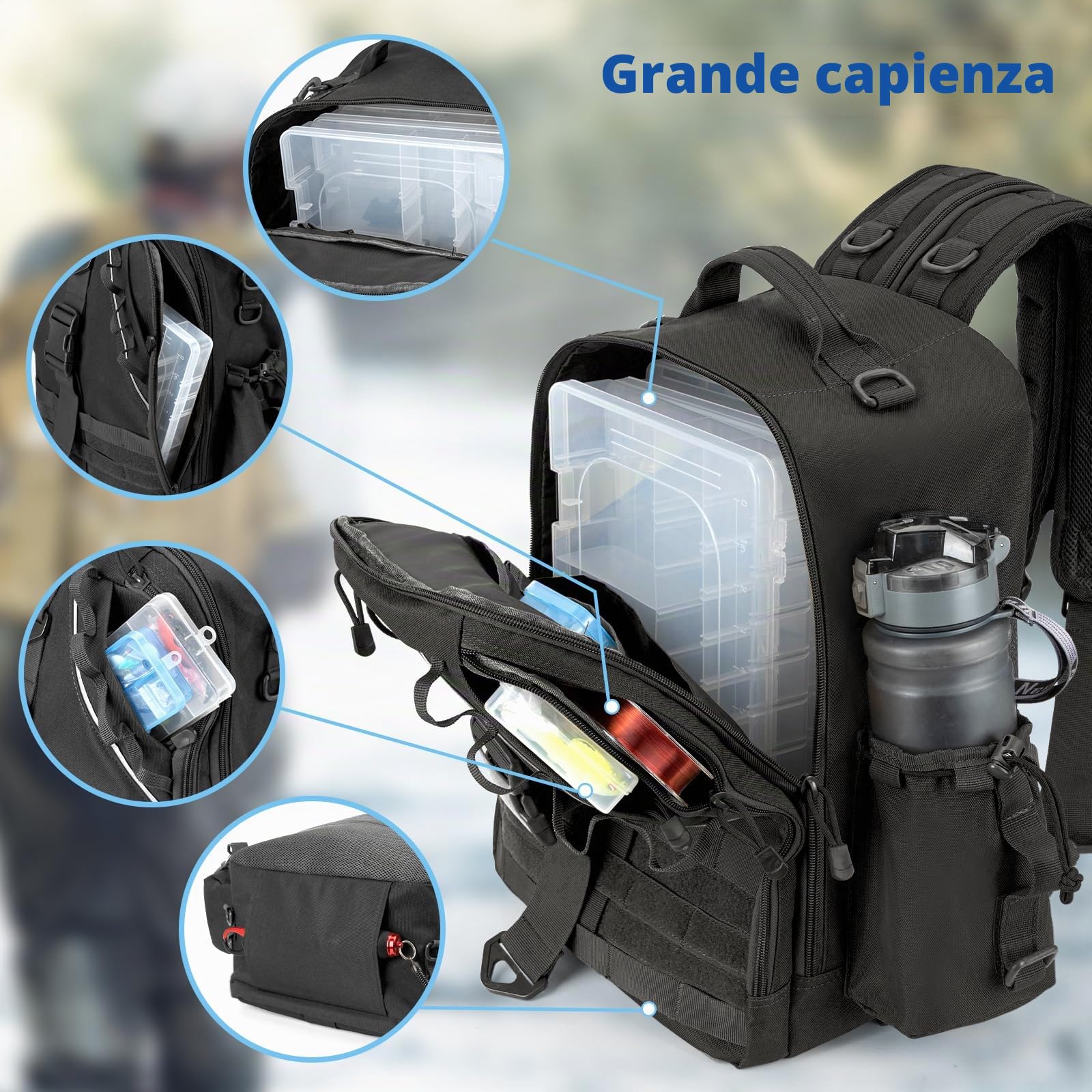 Jueachy Zaino da pesca, borsa da pesca, borsa leggera impermeabile per la pesca all'aperto Borsa da pesca tattica per la pesca escursionismo caccia zaino da pesca con portacanne