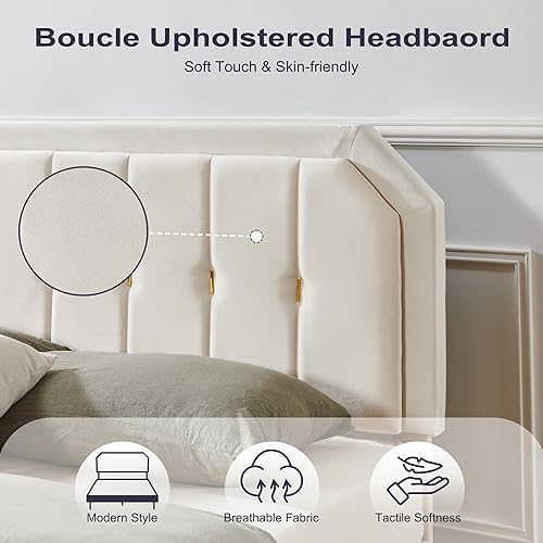 Miniatura 4 de Base de cama tamaño Queen, plataforma tapizada de terciopelo con ribete dorado, cama de estilo moderno con cabecera ajustable, no necesita somier,