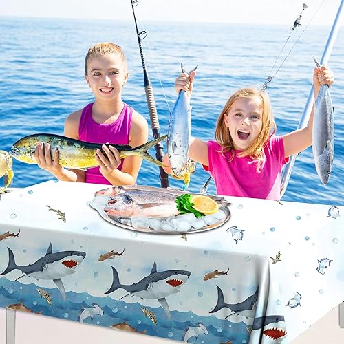 Miniatura 2 de Mantel de tiburón, 3 piezas de suministros de fiesta de cumpleaños de tiburón, cubierta de mesa de plástico desechable, mantel de decoración de