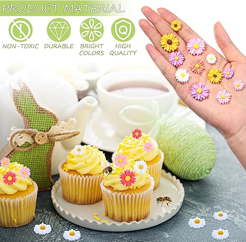 Miniatura 3 de Hicarer 100 piezas de flores de margaritas de resina con parte trasera plana para manualidades, margaritas diminutas epoxi, decoración de pastel de