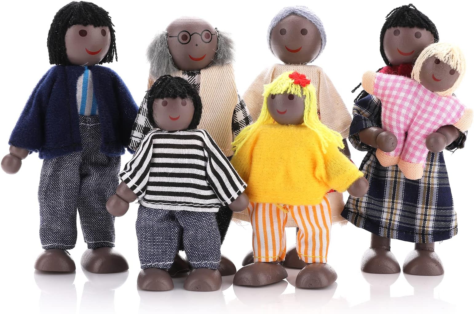 cobee Dollhouse Family People Figures, 7 Pieces Wooden Doll House Family Dolls Mini Doll Family Pretend Play Figures Miniature Dollhouse Doll Figures (A)