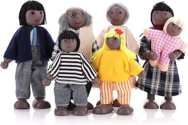 Cobee Dollhouse Family People Figures, 7 Pieces Wooden Doll House Family Dolls Mini Doll Family Pretend Play Figures Miniature Dollhouse Doll Figures (A)
