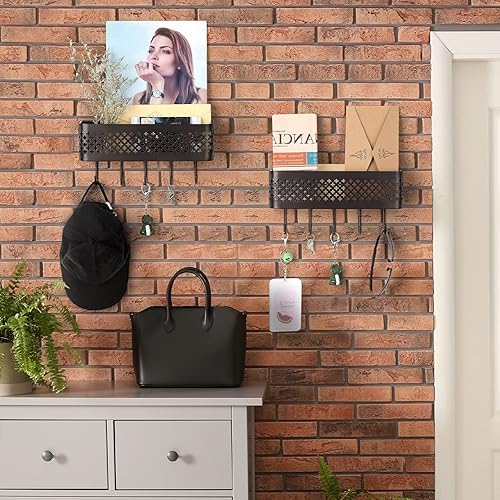 Miniatura 5 de smusei Soporte para llaves para clasificador de correo de pared, organizador de llaves de pared, juego de 2 cestas de metal con 5 ganchos para baño,