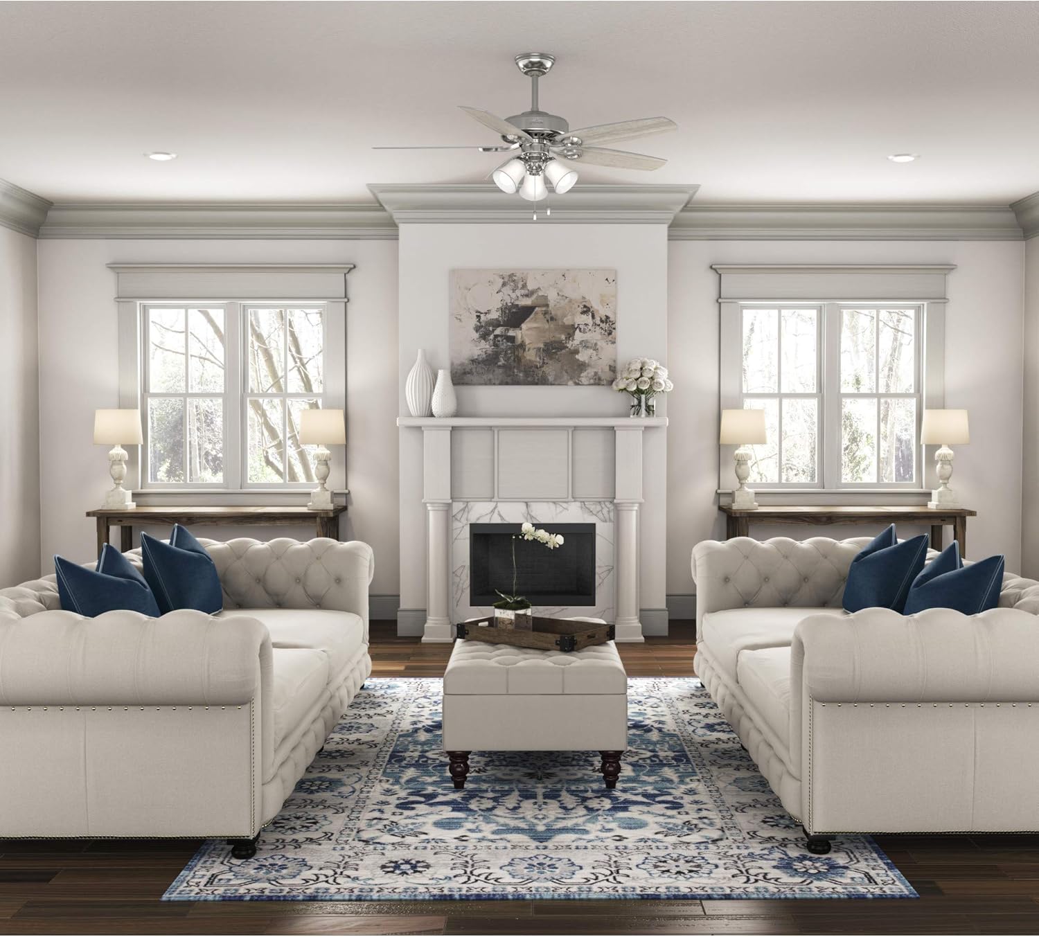 Close-up of Hunter Builder Plus 51111 ceiling fan motor and light kit with pull chains.