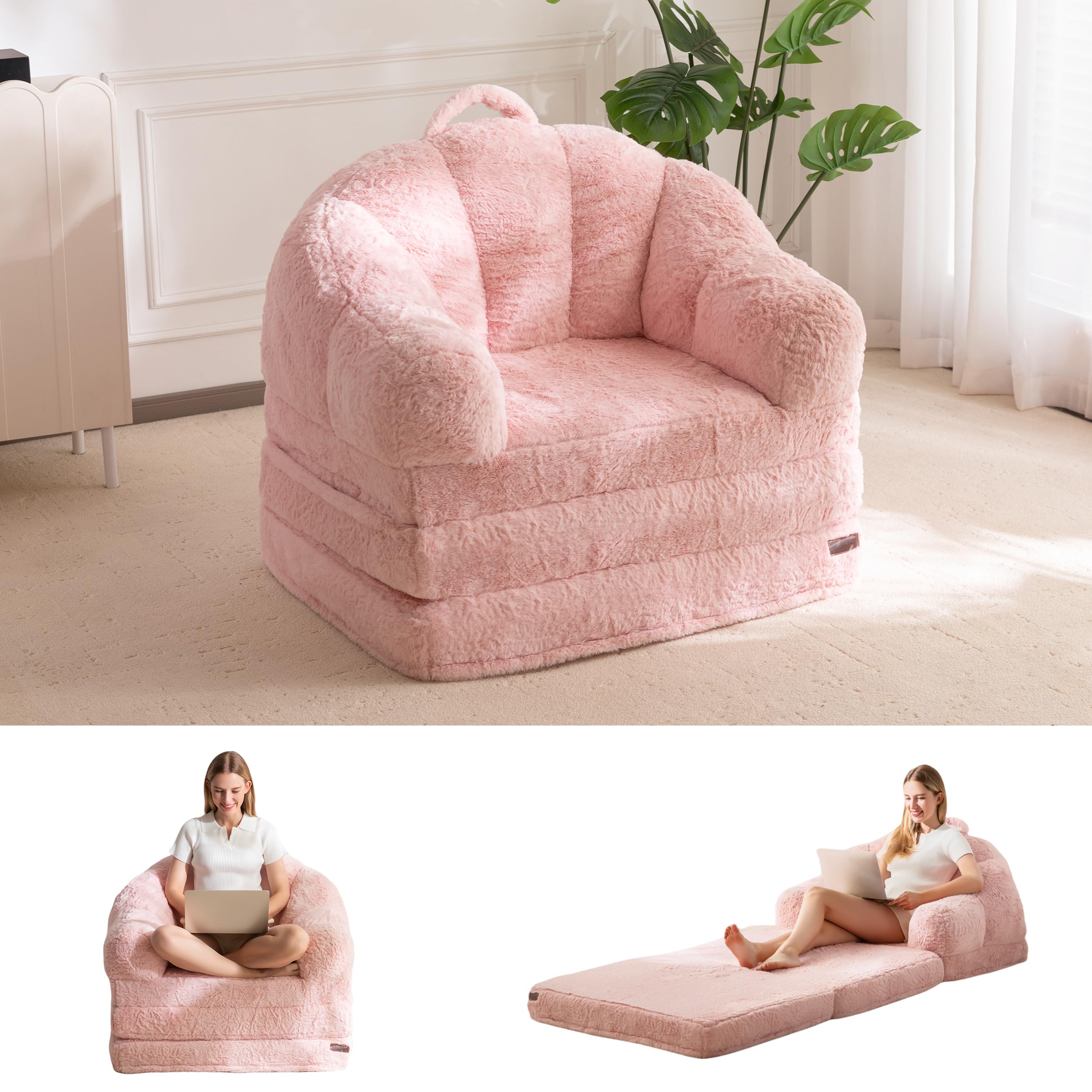 MAXYOYO Folding Sofa Bed Comfy Faux Fur Fabric Convertible Floor Sofa Lounge with Handle, Single Bean Bag Chair for Adults, Sleeping Chair for Living Room Bedroom - Twin - 2-pink