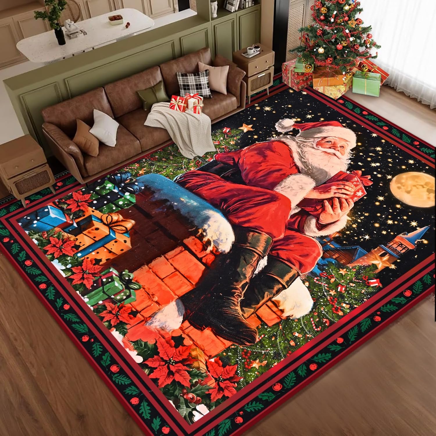 Likiyol Christmas Rugs for Living Room 8x10 Area Rug, Santa Claus Non Slip Washable Rugs for Bedroom Soft Faux Cashmere Living Room Rug, Winter Large Carpet for Dining Room, Home Office, Low Pile
