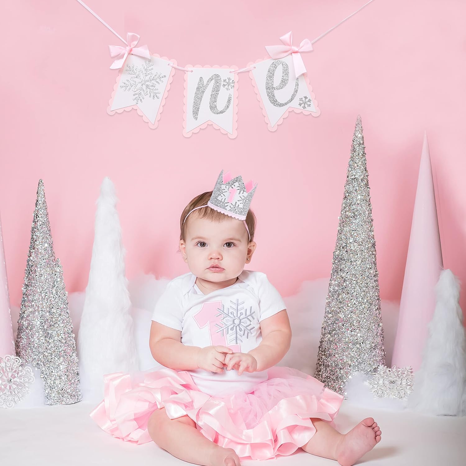 Winter Onederland High Chair Banner for 1st Birthday - Snowflake Banner, Silver Glitter and Pink Birthday Party Decorations for Baby Girls, Cake Smash Props