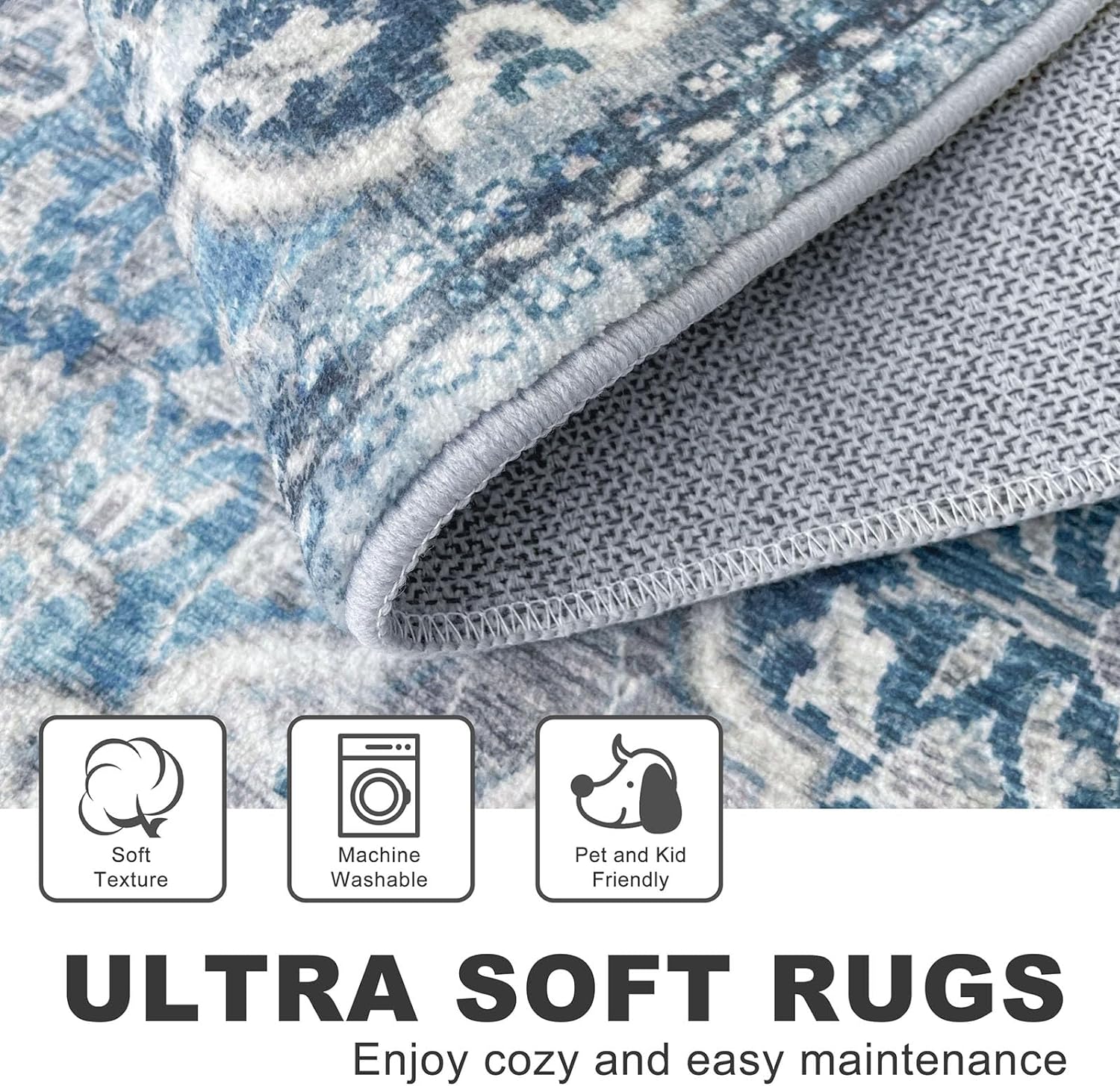 KILOCOCO 2x3 Area Rug, Moroccan Super Soft Entryway Rugs Indoor Vintage Washable Rug Non-Slip Indoor Door Mat, Accent Print Faux Wool Throw Rug for Laundry Kitchen Bedroom Entrance, Blue/Multi - Image 4