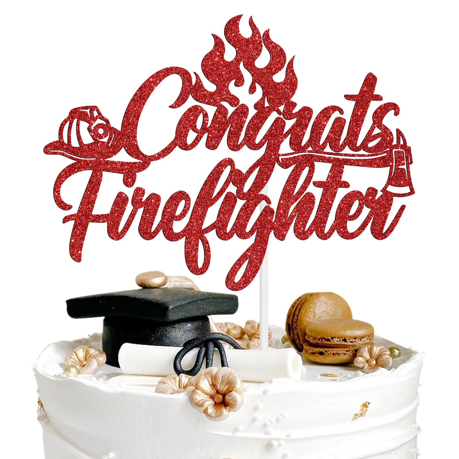 Congrats Firefighter Cake Topper, Congrats Grad, Future Fireman, Fire Academy Graduate Graduation Party Decoration Supplies, Red Glitter