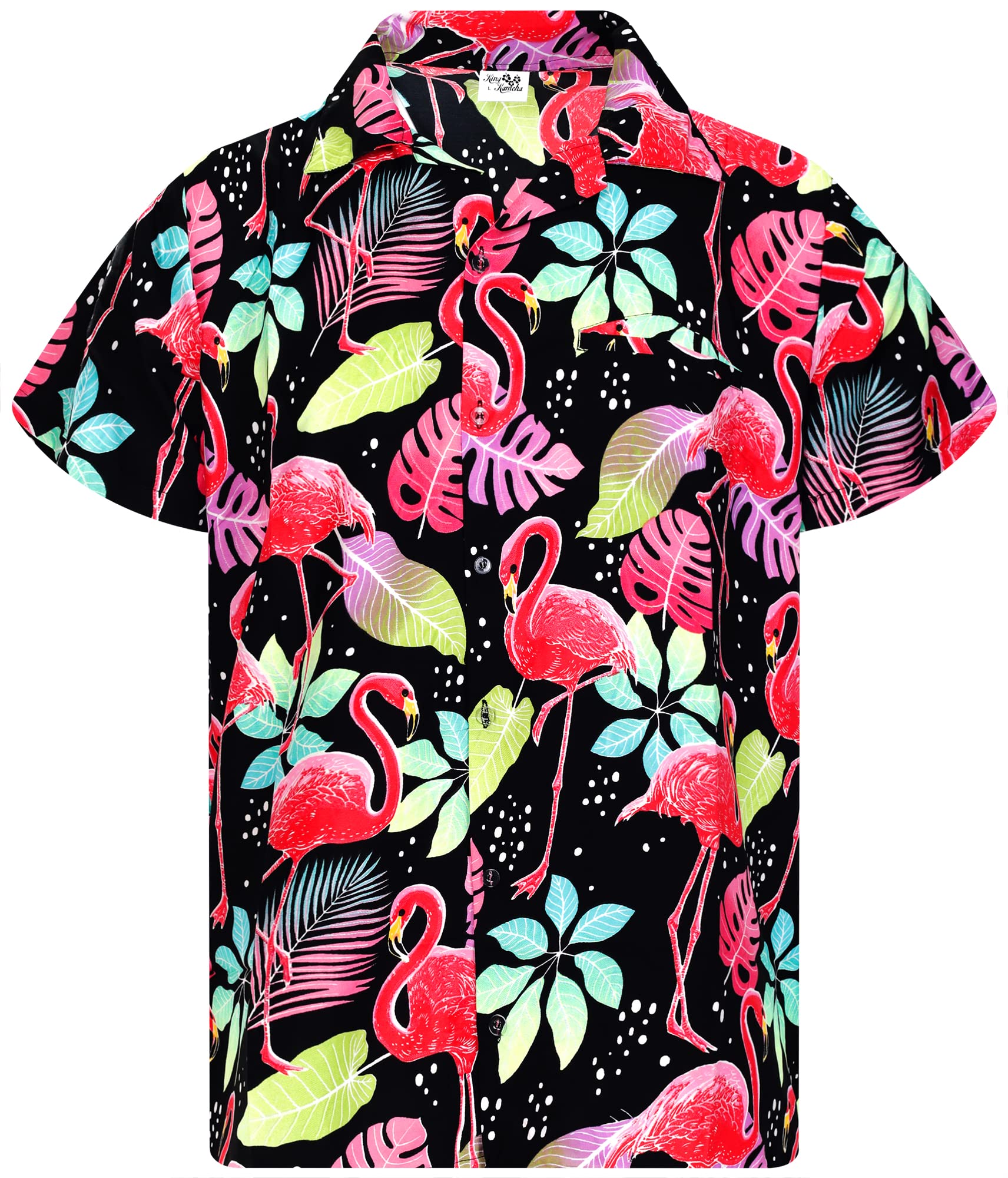 King Kameha Men's Funky-Flamingos-Design-Black Funky-Flamingos Short-Sleeve Hawaiian-Shirt Novelty Summer-Vibes, Funky-Flamingos, Black, L