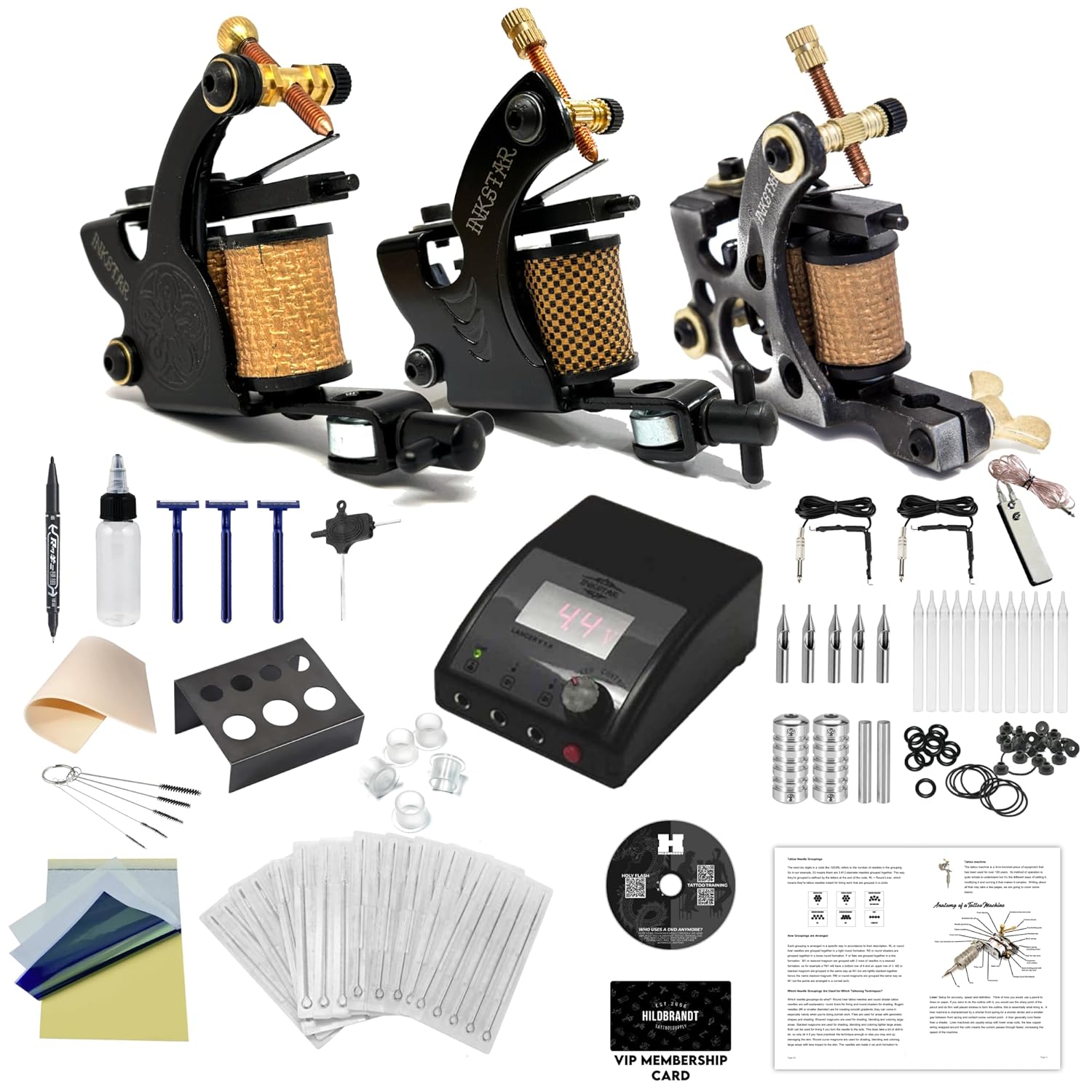 Tattoo Kit w/Traditional Coil Tattoo Machines TKI3CC20 Professional Hand Tuned Liner Shader - 8/10 Wrap Coils, Digital Power Supply, Crash Course Book, 2 Training Video Courses & More