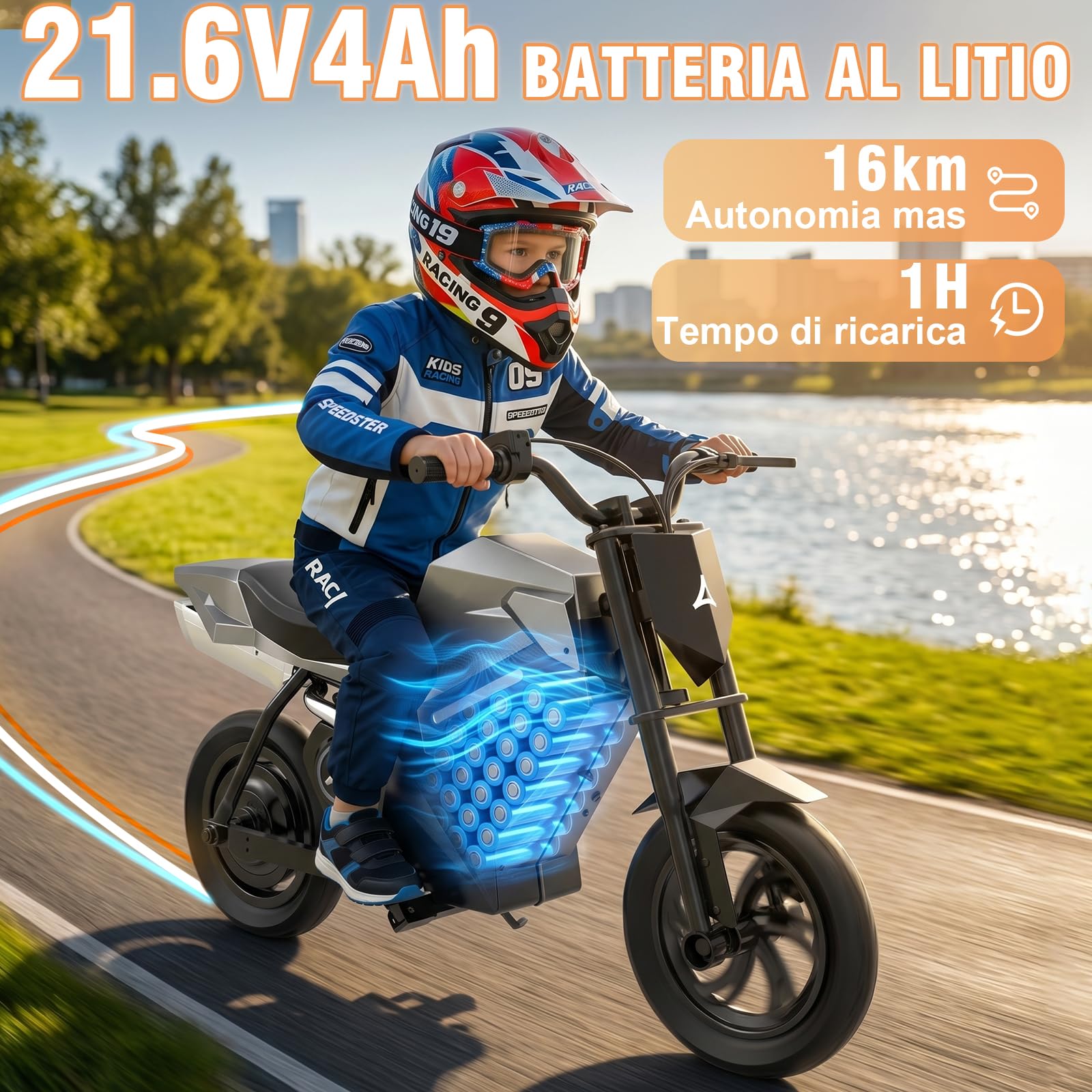 Motocicletta Elettrica per Bambini, Mini Moto Cross con Motore Posteriore 350W (Picco), Batteria al Litio 21.6V 4Ah, Autonomia 16km, Pneumatici Gonfiabili da 12.5", Freno a Disco, CE