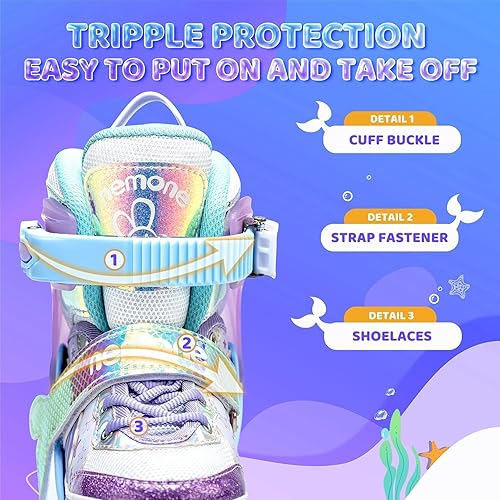 Miniatura 6 de NEMONE Sirena - Patines de ruedas ajustables con luz y conejo de fresa para niñas y niños, tamaño S (10C-13C EE. UU.) y M (13C-3Y US)