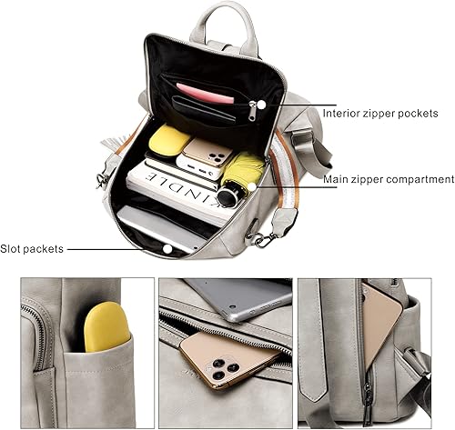 Miniatura 5 de OPAGE - Mochila de cuero para mujer con borla de moda bolso de hombro mochila grande bolsa de viaje gris L A-Marrón, Cera de Aceite Marrón, Cera de