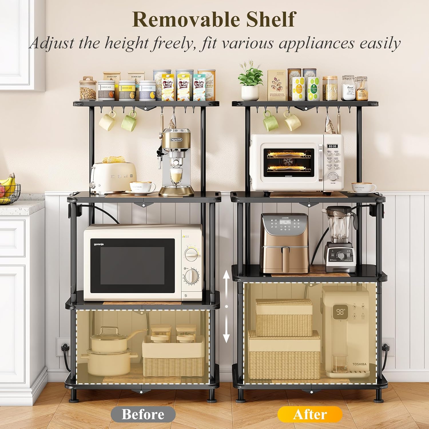 SNTD Kitchen Bakers Rack with Power Outlet - Easy & Tool-Free Assembly, Adjustable Coffee Bar Station 4 Tiers, Microwave Stand with 12 Hooks, Brown
