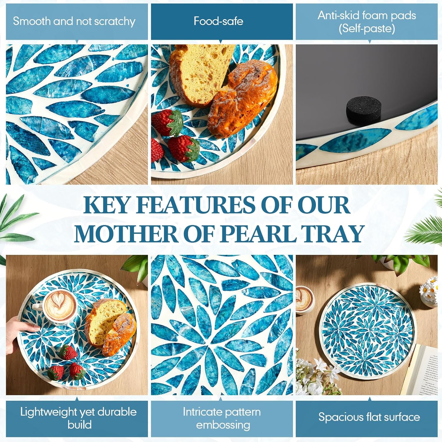 Chunful Mother of Pearl Round Serving Tray Wood Coffee Table Tray 10.4 Inch for Tea Breakfast Kitchen Cabinet(Leaf Style) - Image 3