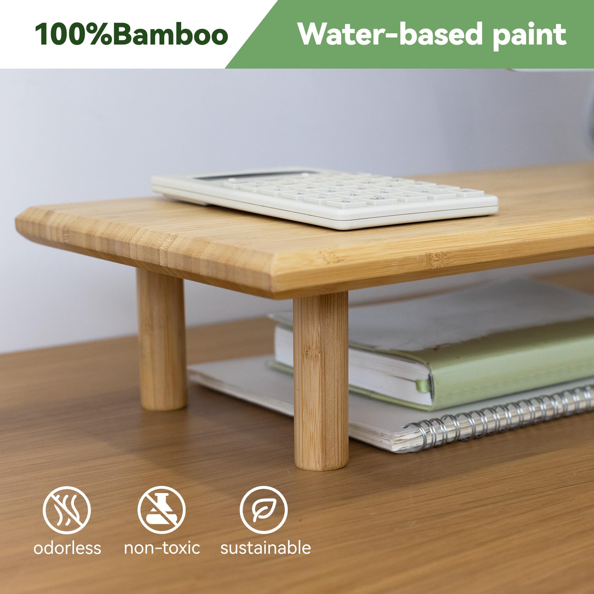 Soporte elevador de bambú para monitor doble con estante de almacenamiento, organizador de escritorio ergonómico para oficina en casa, WFH y trabajadores remotos (se adapta a 2 monitores