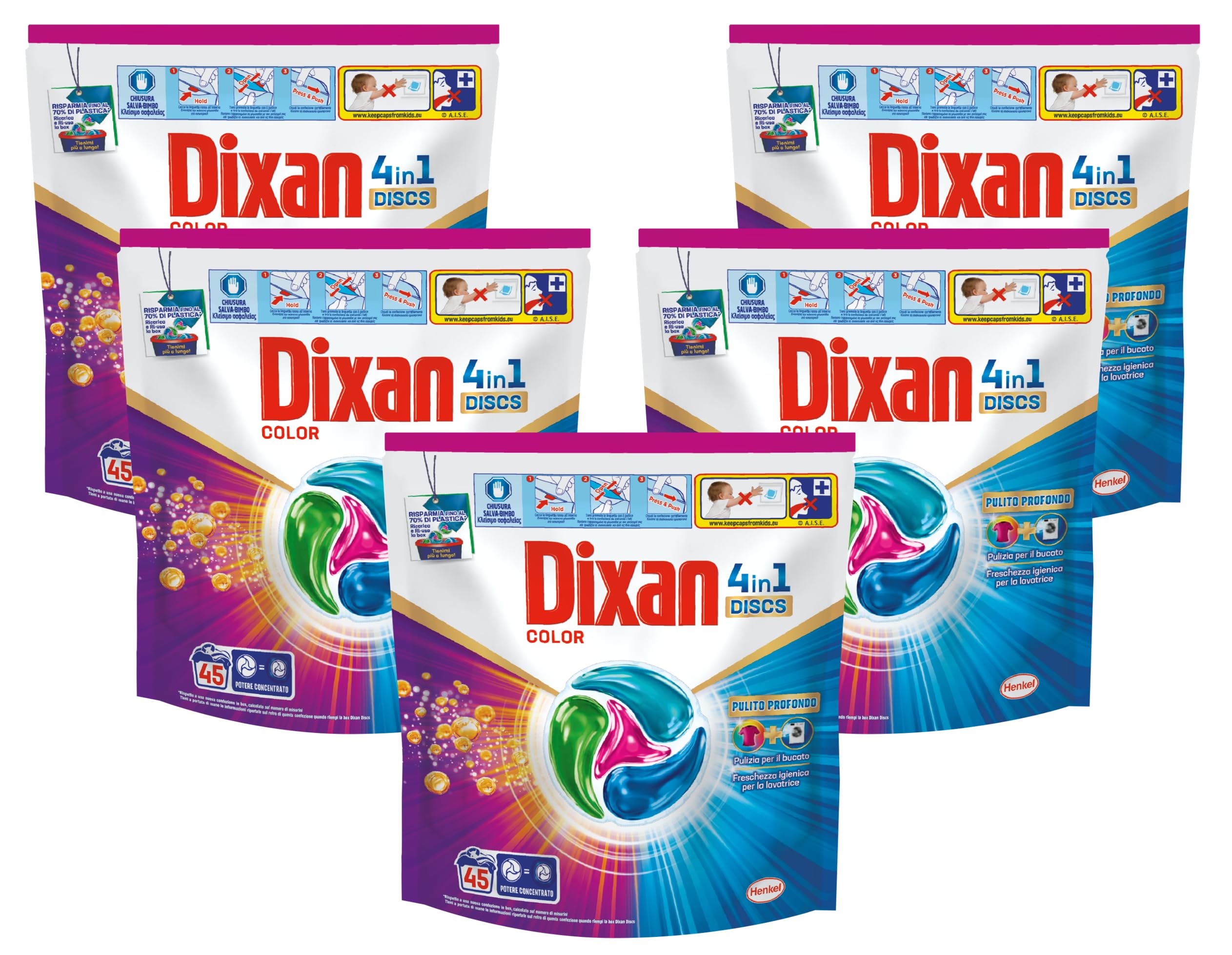 Dixan DISCS 4in1 Color Detersivo Lavatrice (45 Lavaggi), Capsule lavatrice per colori vivaci, pulizia profonda del bucato e freschezza igienica per la lavatrice, Rimuove le macchie da 20°C