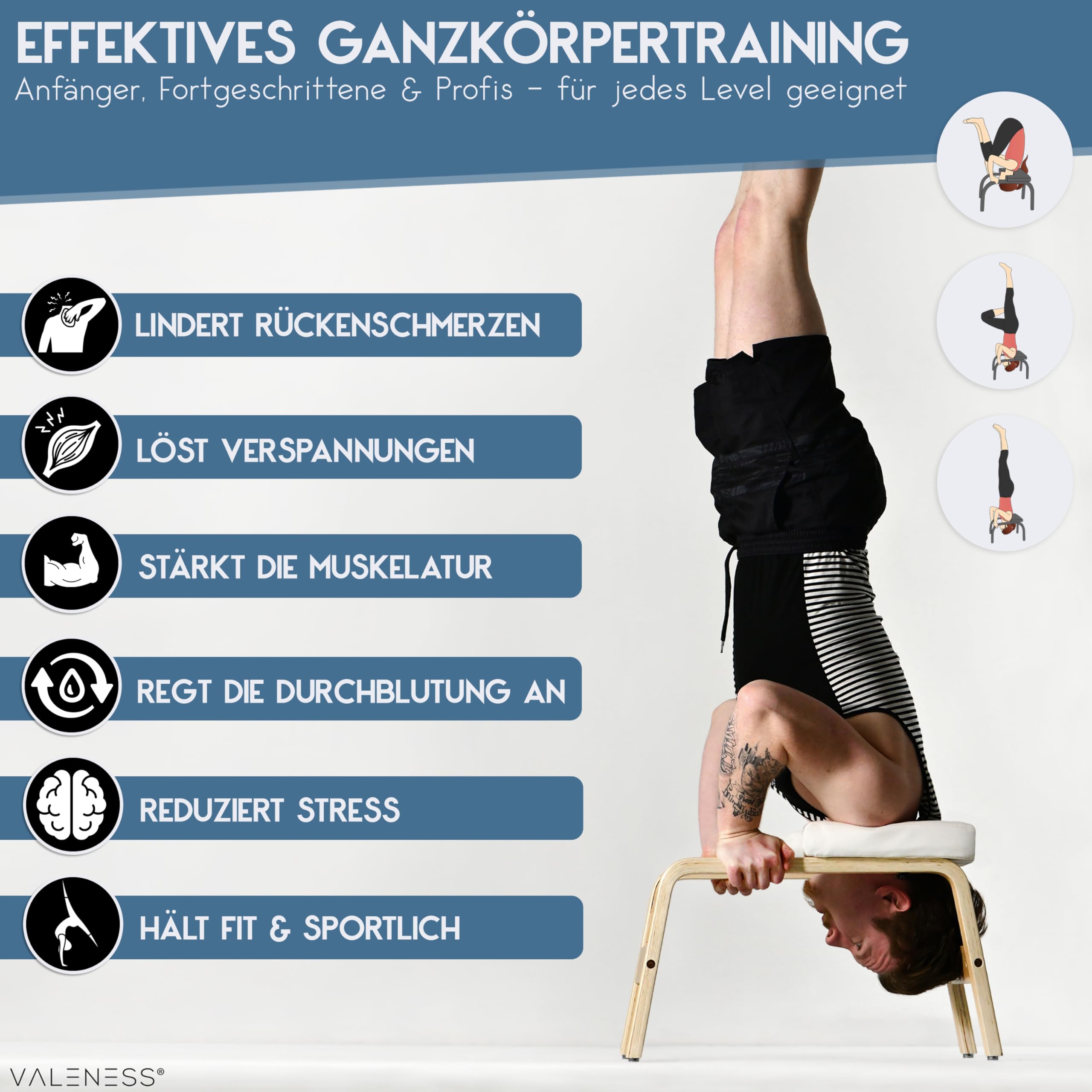 VALENESS® Yoga Kopfstandhocker - Hochwertiger Yoga Hocker inkl. Yogagurt, Yogablock & Übungsposter - Yoga Stuhl zur Handstand-Übung aus massivem Naturholz - Yoga Ausrüstung für Zuhause… (weiß)