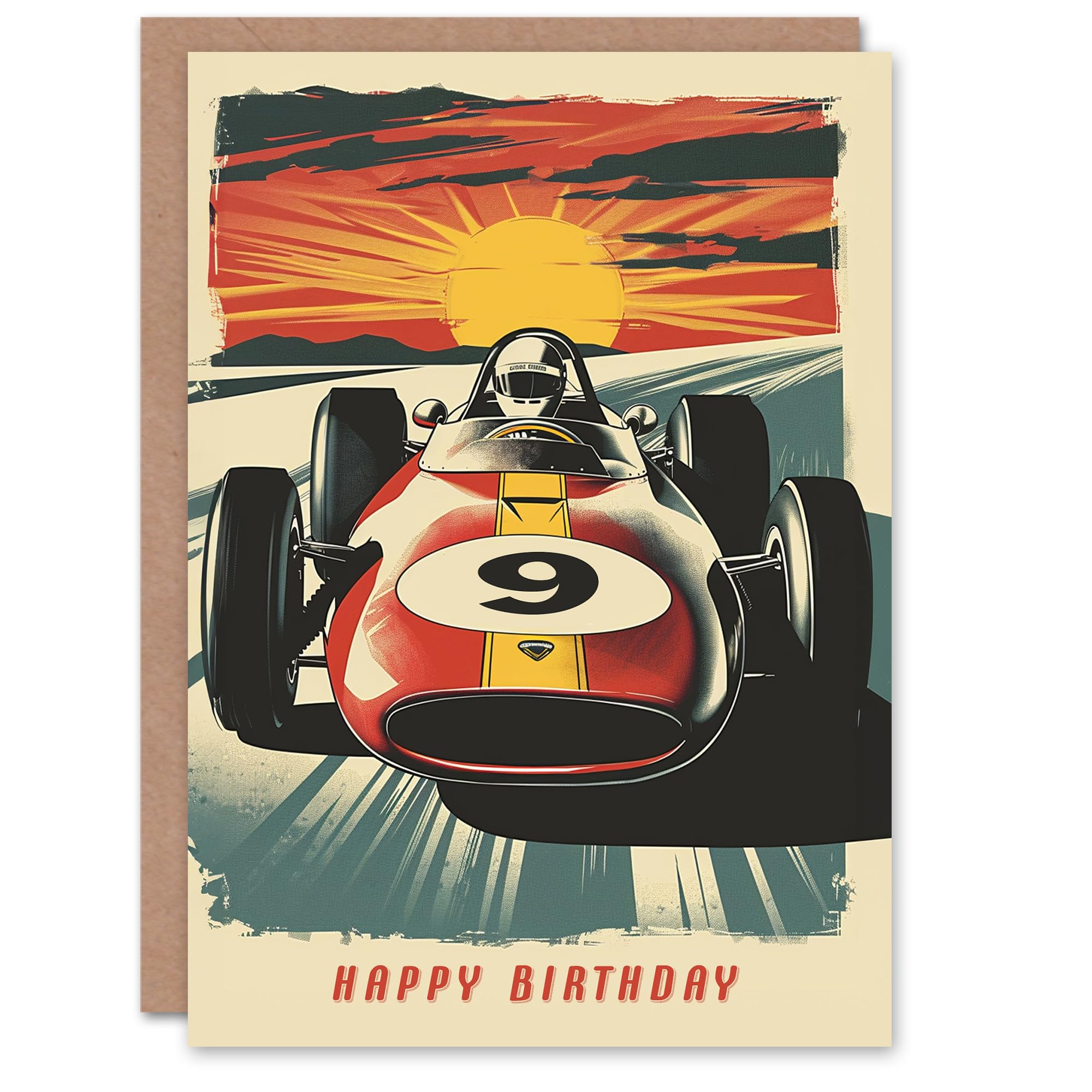 Artery8 Birthday Card Race Car Sunset Racing Age 9 Motorsport Nine Year Old For Child Kids Greeting Card