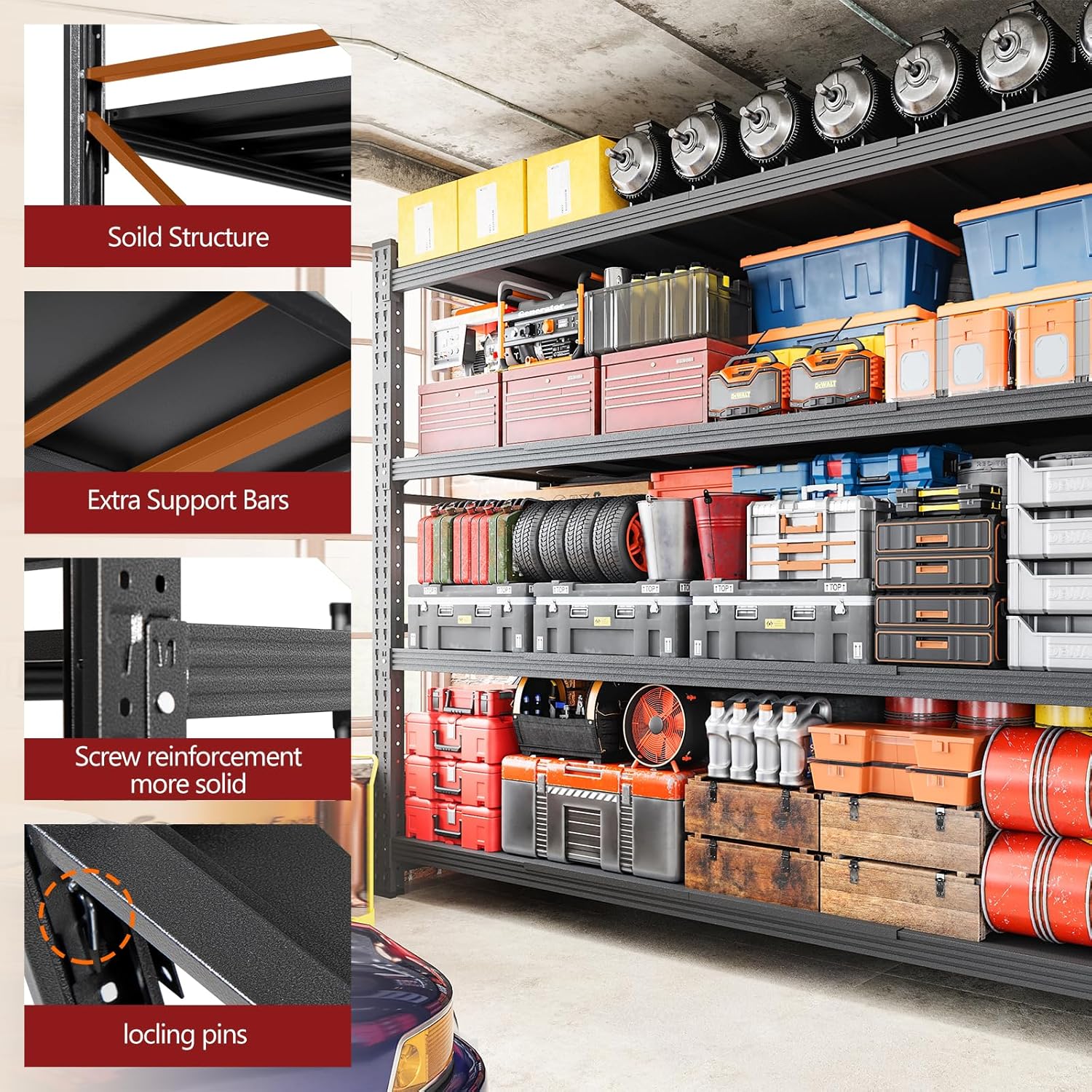 7000LBS Storage Shelves,79" W Garage Shelving Heavy Duty Metal Adjustable Garage Shelves, Shelving Units Industrial Shelving for Warehouse,79" W x 24" D x 79" H,Black - Image 6