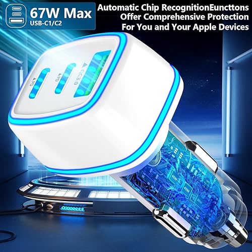 Miniatura 6 de USB C Car Charger, KYOHAYA 2Pack 3-Port 67W Dual USB-C&USB-A Car Power Adapter PDQC3.0 Type-C Fast Car Charging Cigarette Lighter for iPhone 1616