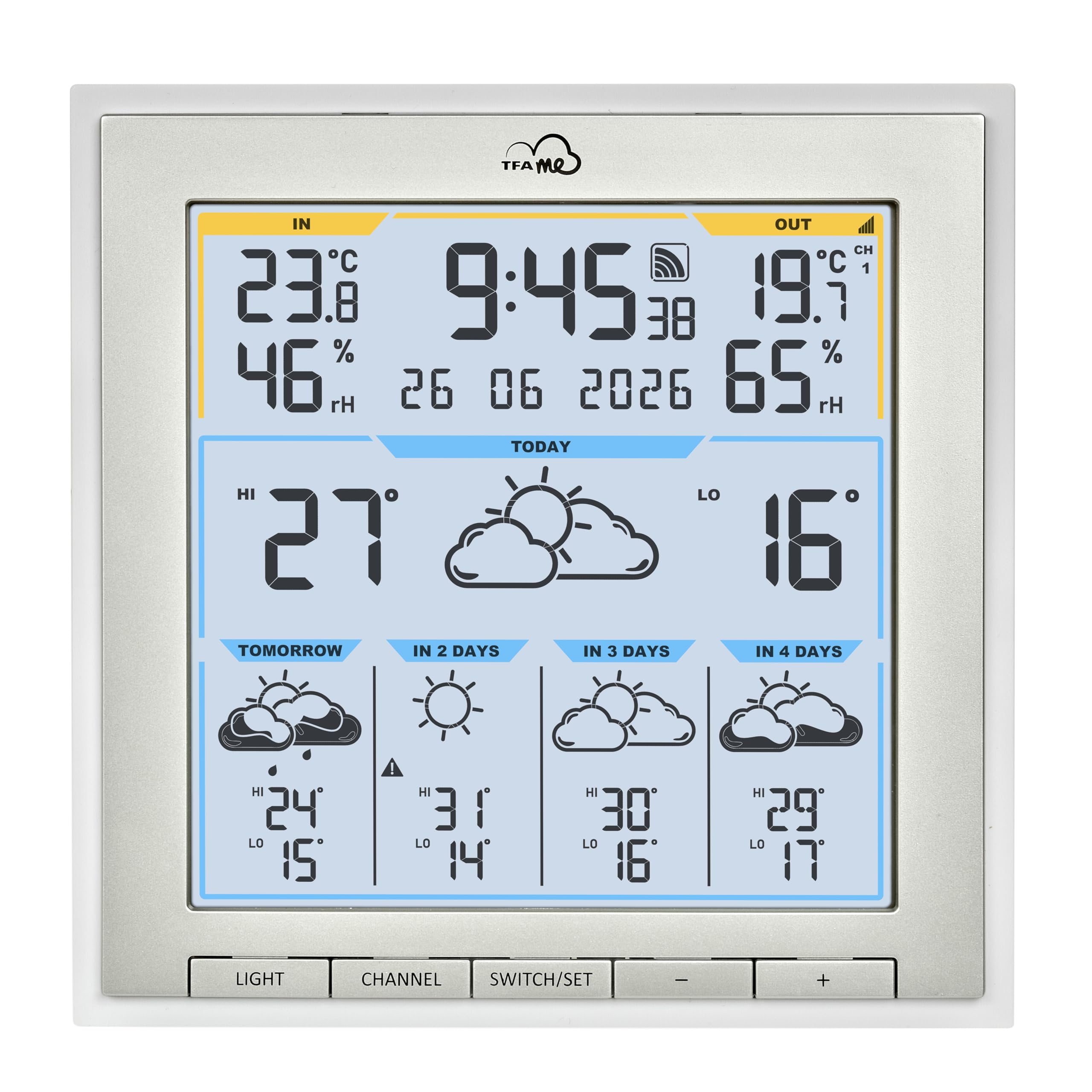 TFA Dostmann Station météo avec capteur ext. wifi TFA.me ID-08, 35.8105, prévisions météo de wetter.com pour 5 jours, portail en ligne, valeurs max. et min., fonction d'alerte, couleur blanche