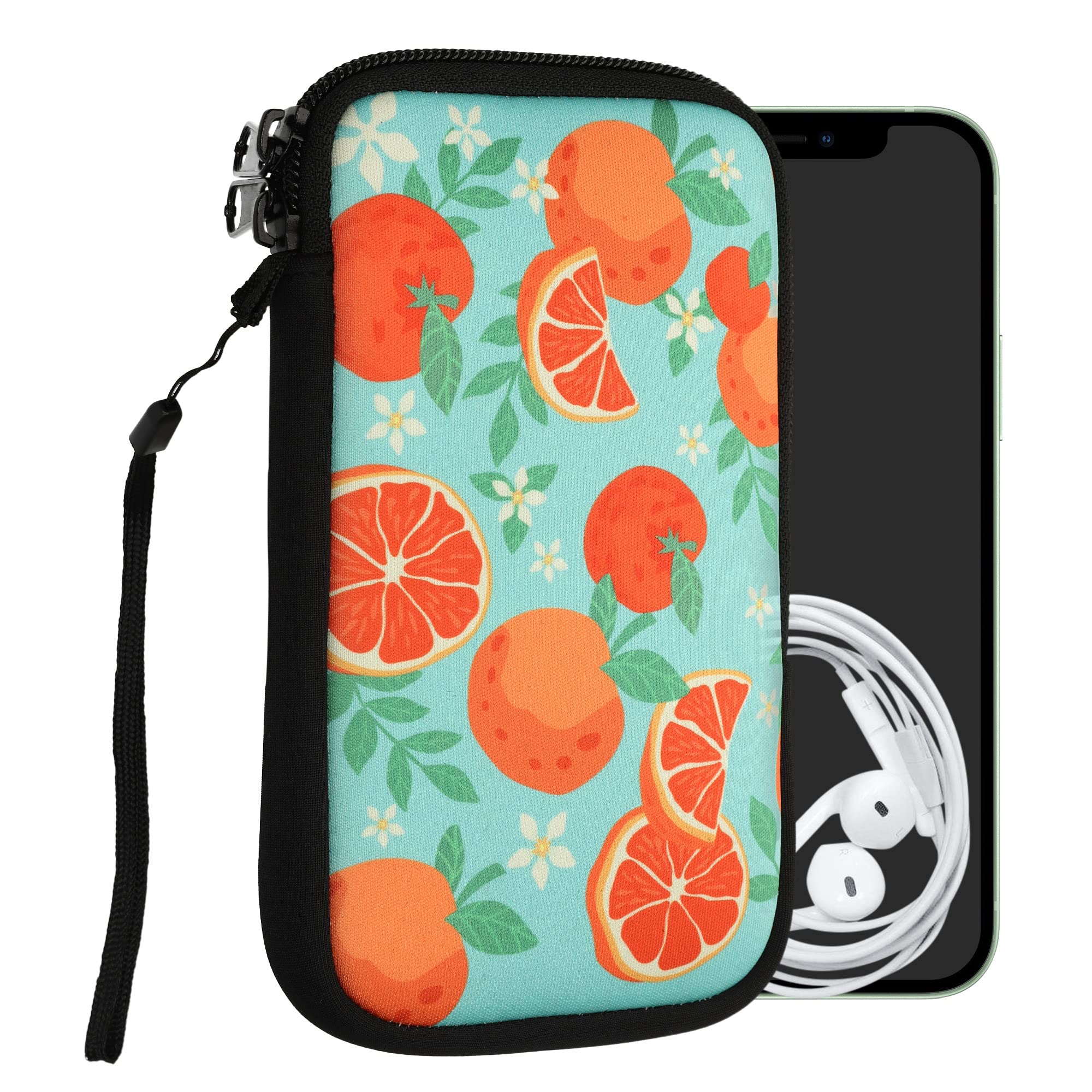 kwmobile Neoprene Sleeve for Smartphone Size L - 6.5" - Shock Absorbing Pouch Case - Protective Phone Bag - Orange Fruits Orange/Blue/White