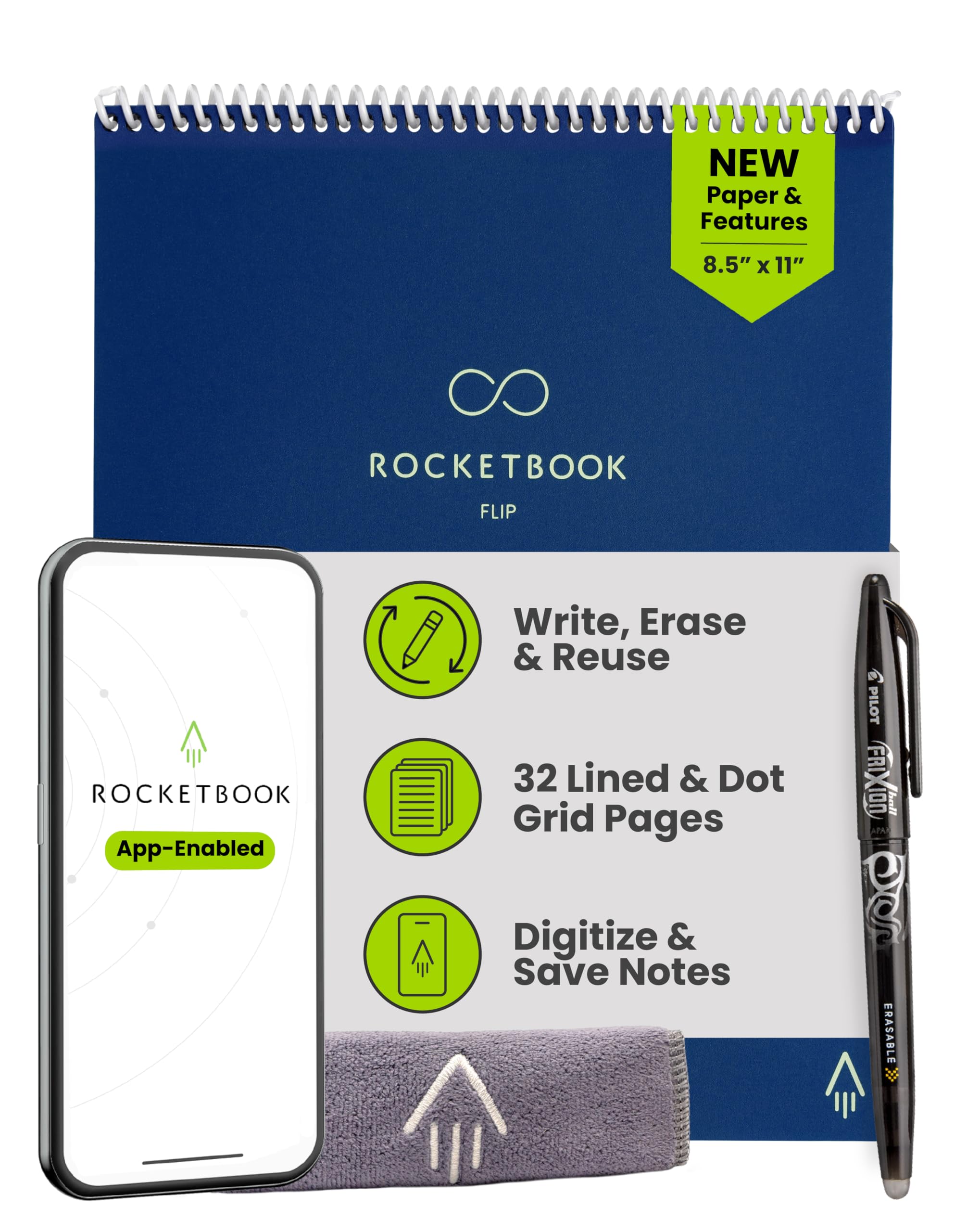 Rocketbook Blocco note intelligente riutilizzabile, formato lettera 8,5 x 11, blu navy | Quaderno a spirale rilegato in alto, pagine a righe e punteggiate, include penna e asciugamano