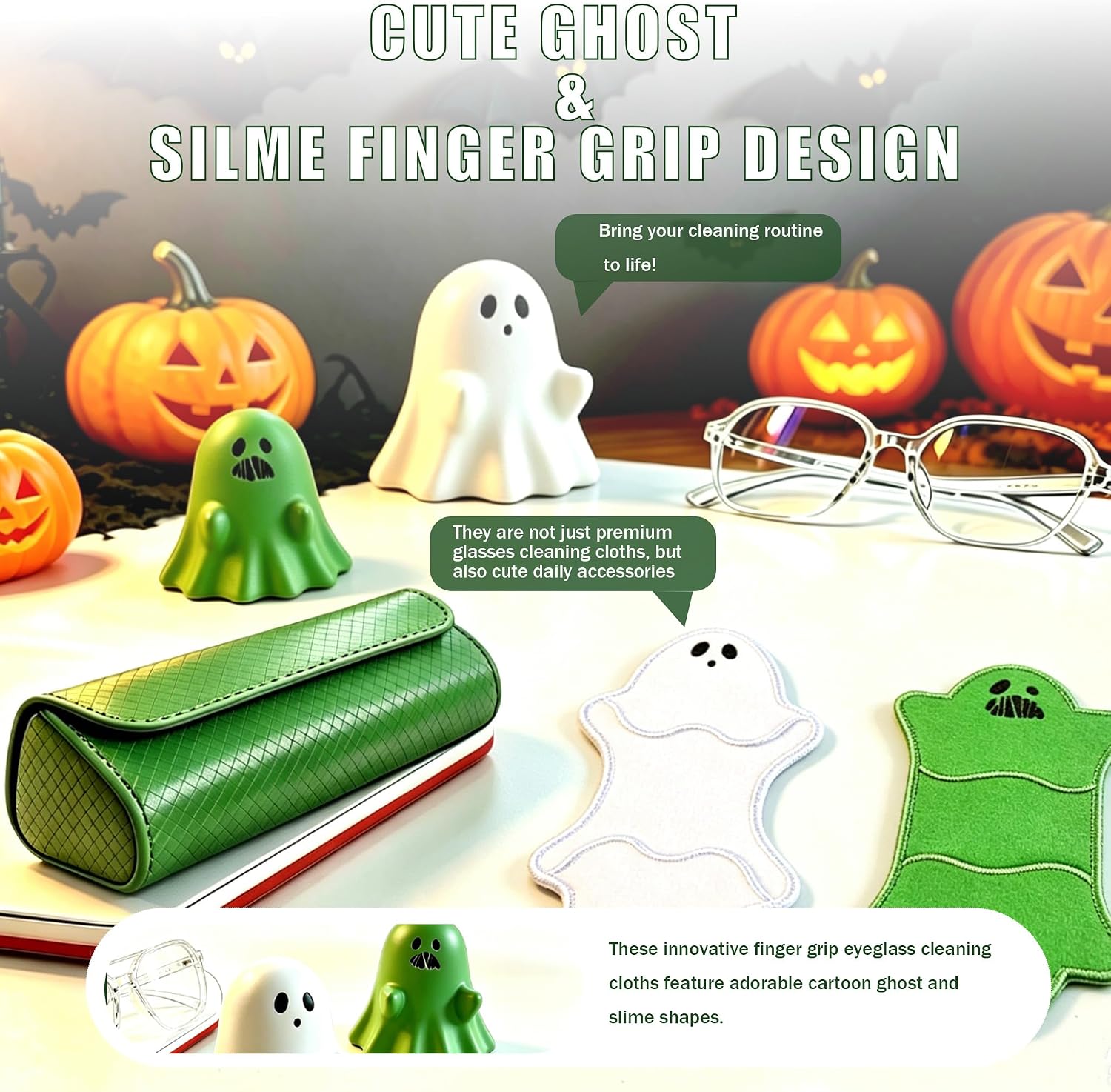 Finger Grip Microfiber Eyeglass Cleaning Cloth – Cute Ghost and Slime | Premium Microfiber Glasses Eyeglass Cleaner for Eyeglasses, Sunglasses, Phone Screens & Lenses(4 Pack) (green whie)