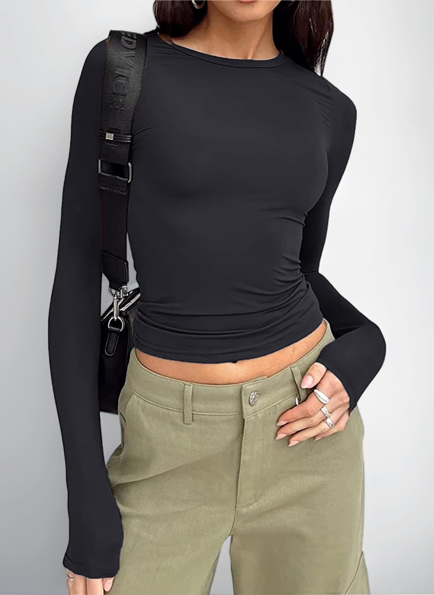Women's Slim Fit Crop Tops Casual Solid Color Crew Neck Long Sleeve Tight T-Shirt Basic Blouse Tee Tops