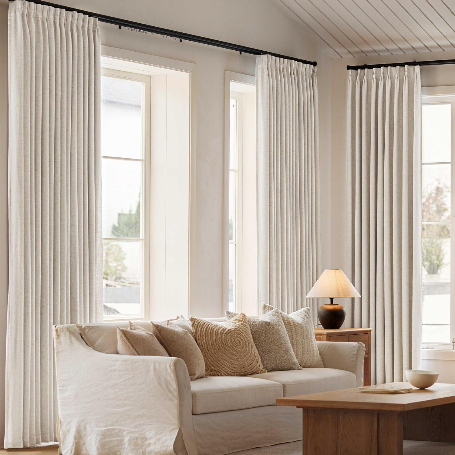 Natural Blackout Pinch Pleated Flax Linen Curtains 2 Panels 40"Wx90" - Dual Layer Thermal Insulated Drapes with Back Tab & Hooks, Easy Install for Bedroom Dining Living Room Farmhouse Window