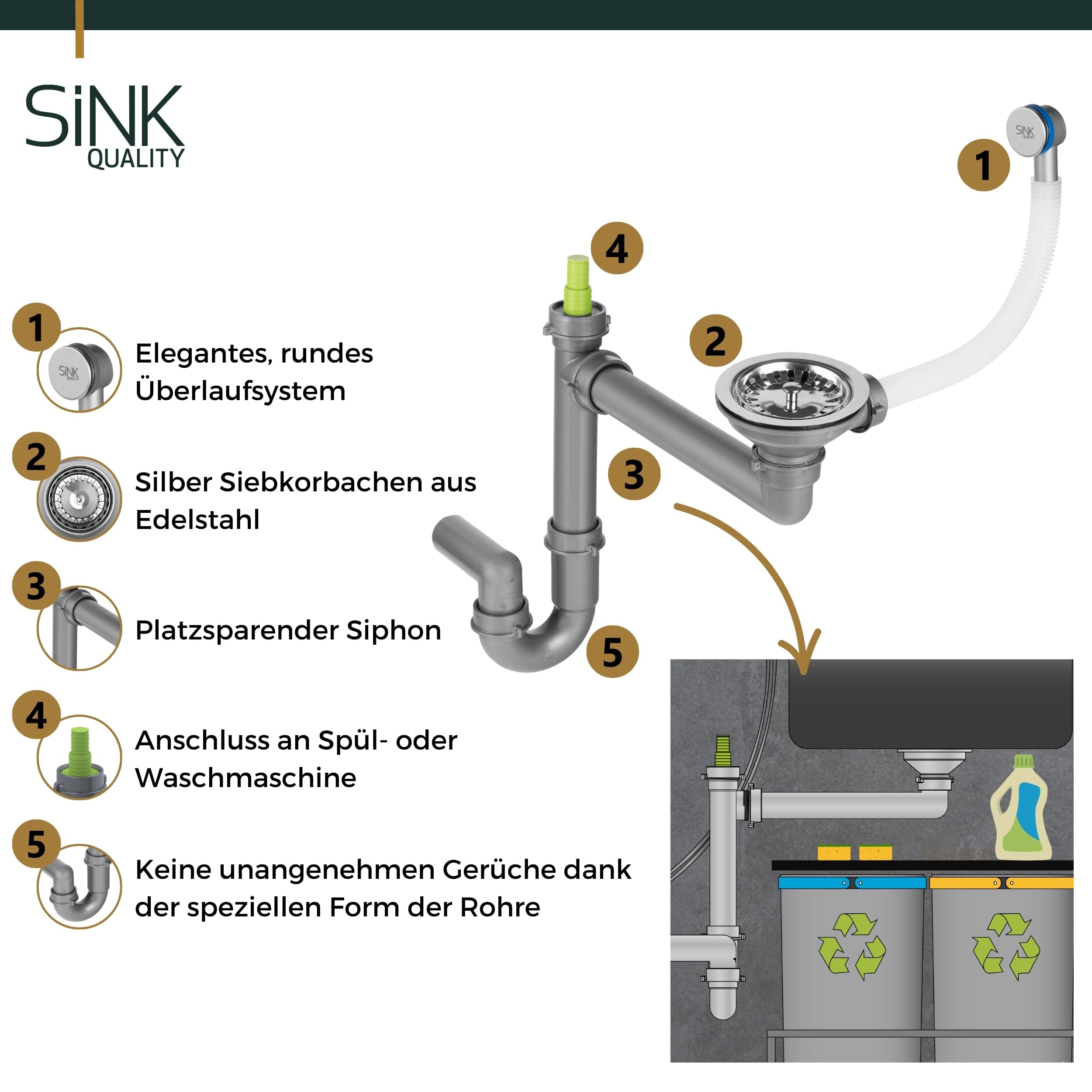 SINK QUALITY zlewozmywak okrągły, czarny, Ø 51 cm, syfon i impregnacja w zestawie, okrągły zlewozmywak z granitu, czarny do szafek dolnych o szerokości 55 cm, zlewozmywak do zabudowy granitowy