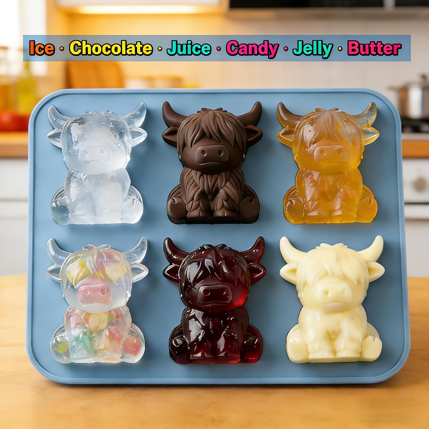 highland cow ice cube tray creates adorable shapes. This ice cube mold also works as a silicone mold for chocolate, jelly, and butter. reusable 6-cavity. Great for whiskey, cocktails, and unique gift.