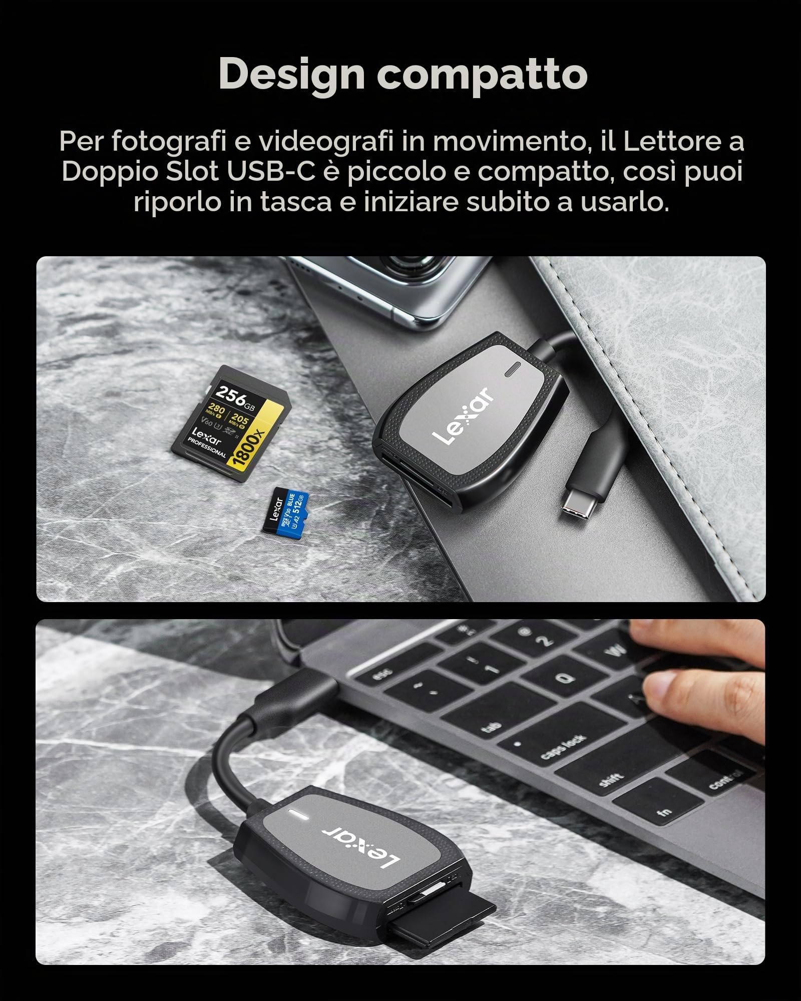 Lexar Lettore a doppia fessura Professional con connettore USB-C per schede SD e microSD UHS-I, nero
