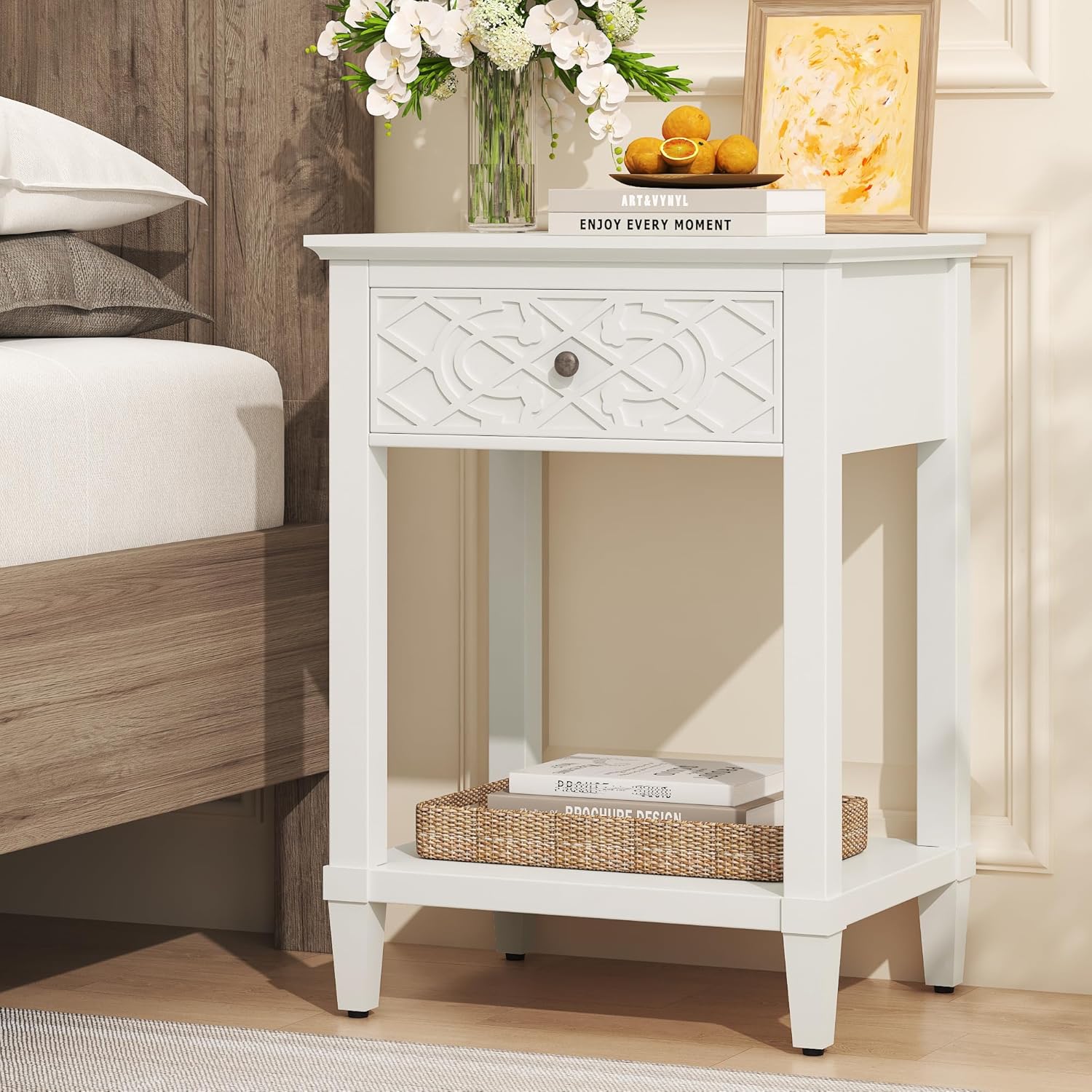 karlott 26" Tall Farmhouse Night Stand with Pre-Assembled Drawers, Painted Bedside Table, Pine Leg and Solid Wood Frame Nightstand, Side Table End Table for Bedroom, Carved Pattern, Pure White
