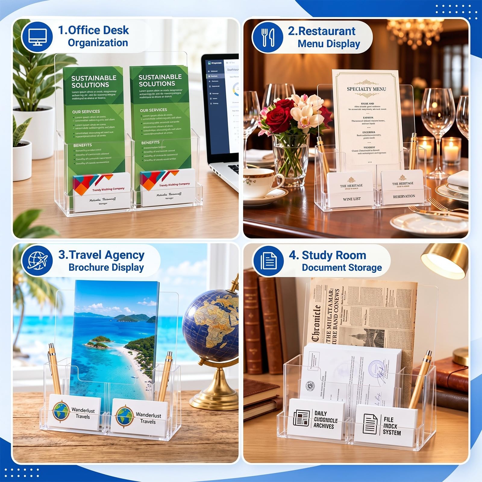 Marspark Lot de 2 porte-brochures en acrylique transparent de 21,6 x 27,9 cm avec fente pour cartes de visite, séparateur amovible pour brochures, magazines, menus, journaux