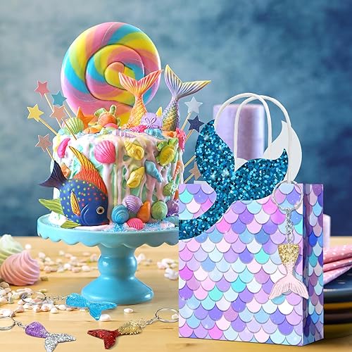 Miniatura 3 de Juego de 32 bolsas de recuerdo de fiesta de sirena, 16 paquetes de bolsas de regalo de sirena, 16 llaveros de cola, recuerdos de fiesta de baby