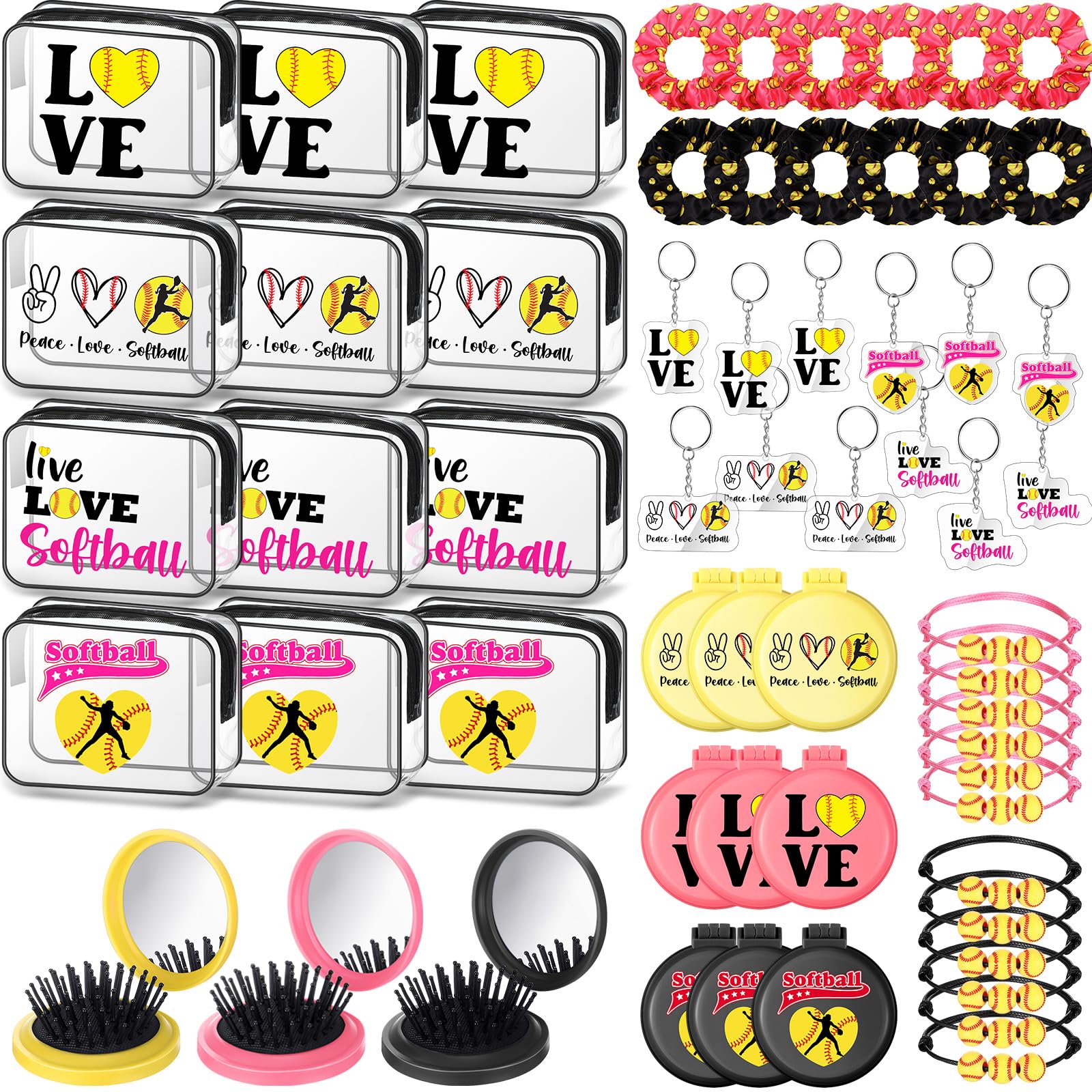 meanplan 60 pcs softball party favors softball team gifts for players with 12 set bracelets keychains makeup bag mini brush with mirror hair scrunchies for sport party supplies
