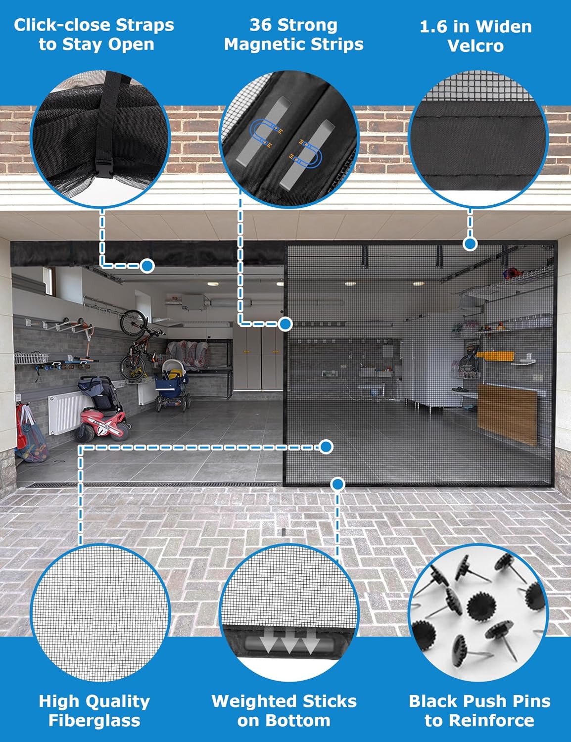 innhom Magnetic Garage Door Screen for 1 Car Garage, 9x7 FT Double Door Magnetic Closure Mesh with 36 Magnets, Fits Door up to 110"x84" Black