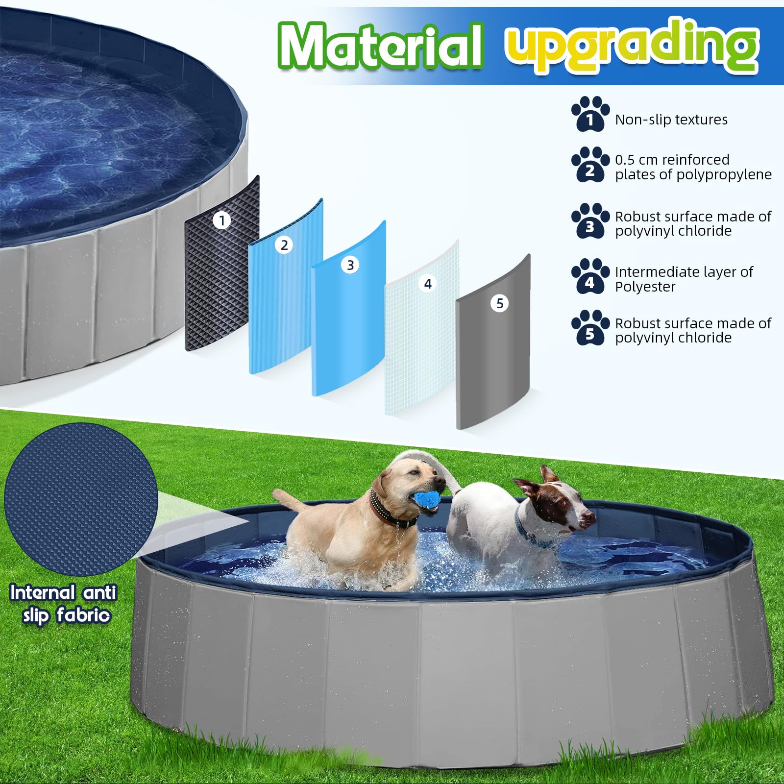 Piscina extragrande para perros de 160 cm, piscina plegable resistente para perros grandes, piscina antideslizante para mascotas con válvula de drenaje y 2 juguetes para masticar, piscina plegable