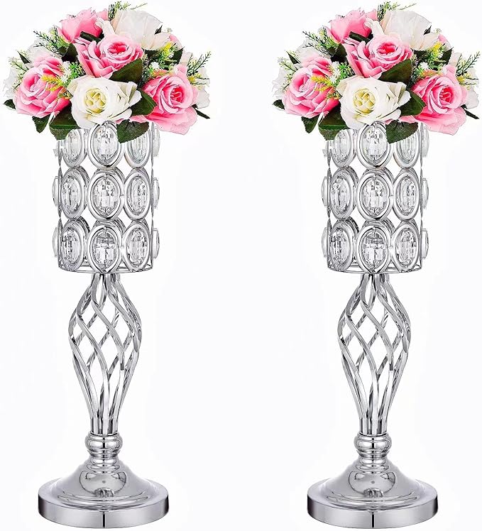 20in Metal Crystal Wedding Centerpiece Vases for Tables Set of 2, Silver Trumpet