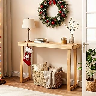 Karl home Narrow Entryway Table, 43 Inch, Pine Wood Console Tables for Entryway, Slim Sofa Tables Behind Couch for Living Room, Hallway, Entrance, 43 x 12 x 32, Natural Wood