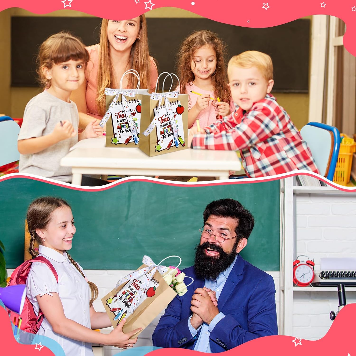 Kolldenn 24 Pcs Teacher Appreciation Gift Bags with Ribbon Thank You Teacher Kraft Paper Gift Bag 10.63'' x 8.27'' x 4.33'' with Handle for Graduation Retirement Appreciation Day End of School Year