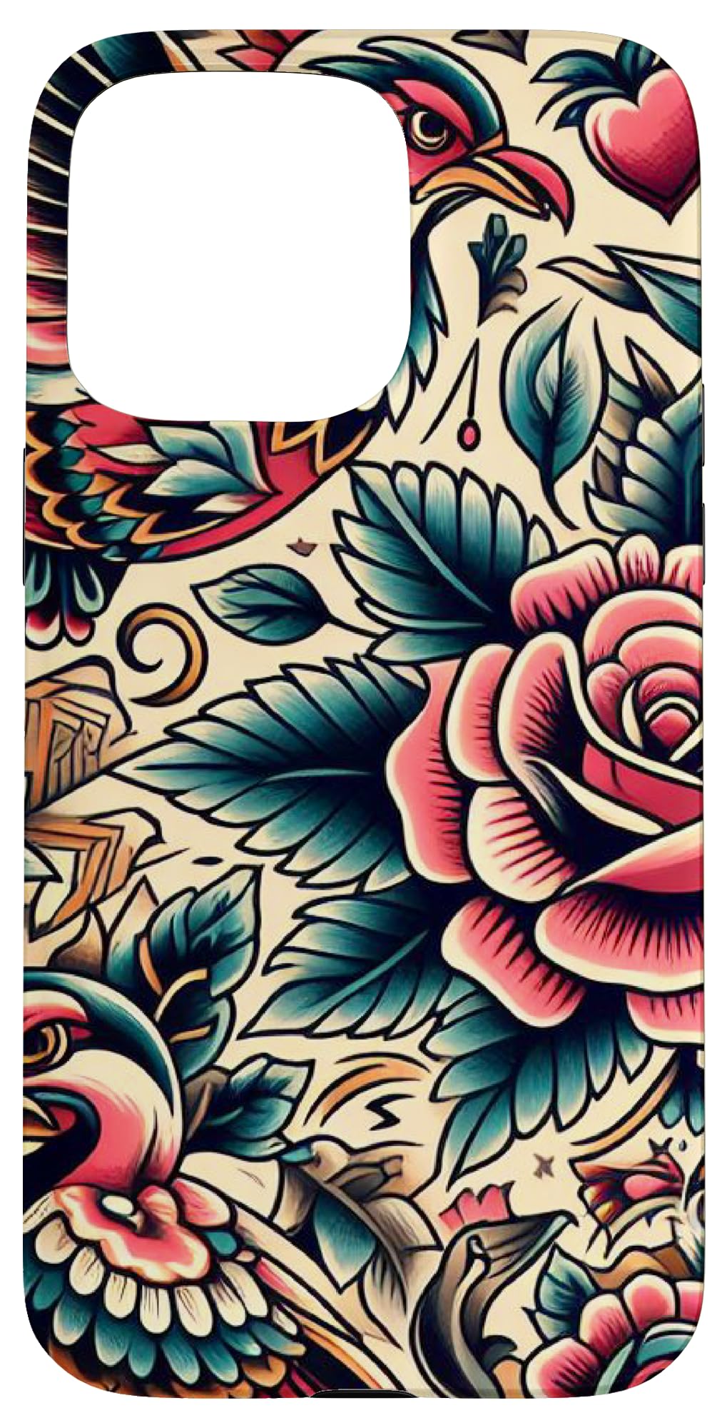 iPhone 15 Pro Max Bird and Rose Old School Tattoo Style, American Traditional Case