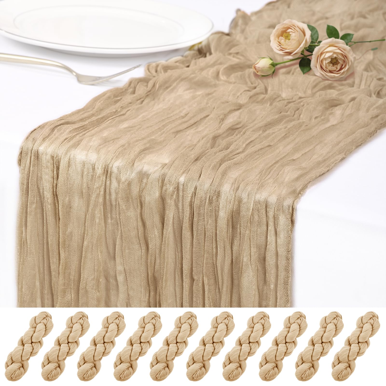 Photo 1 of 10 Pack Beige Cheesecloth Table Runner 17x108 Inch Semi Sheer Boho Rustic Gauze Cheese Cloth Table Runners for Wedding Party Birthday Baby Shower Home Décor